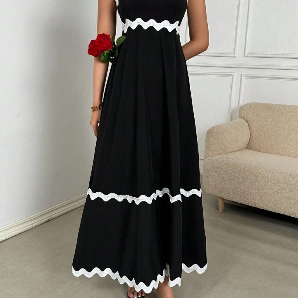 Black Boho Womens Color Block Woven Strap Splice Sleeveless Dress - Picture 4 of 5